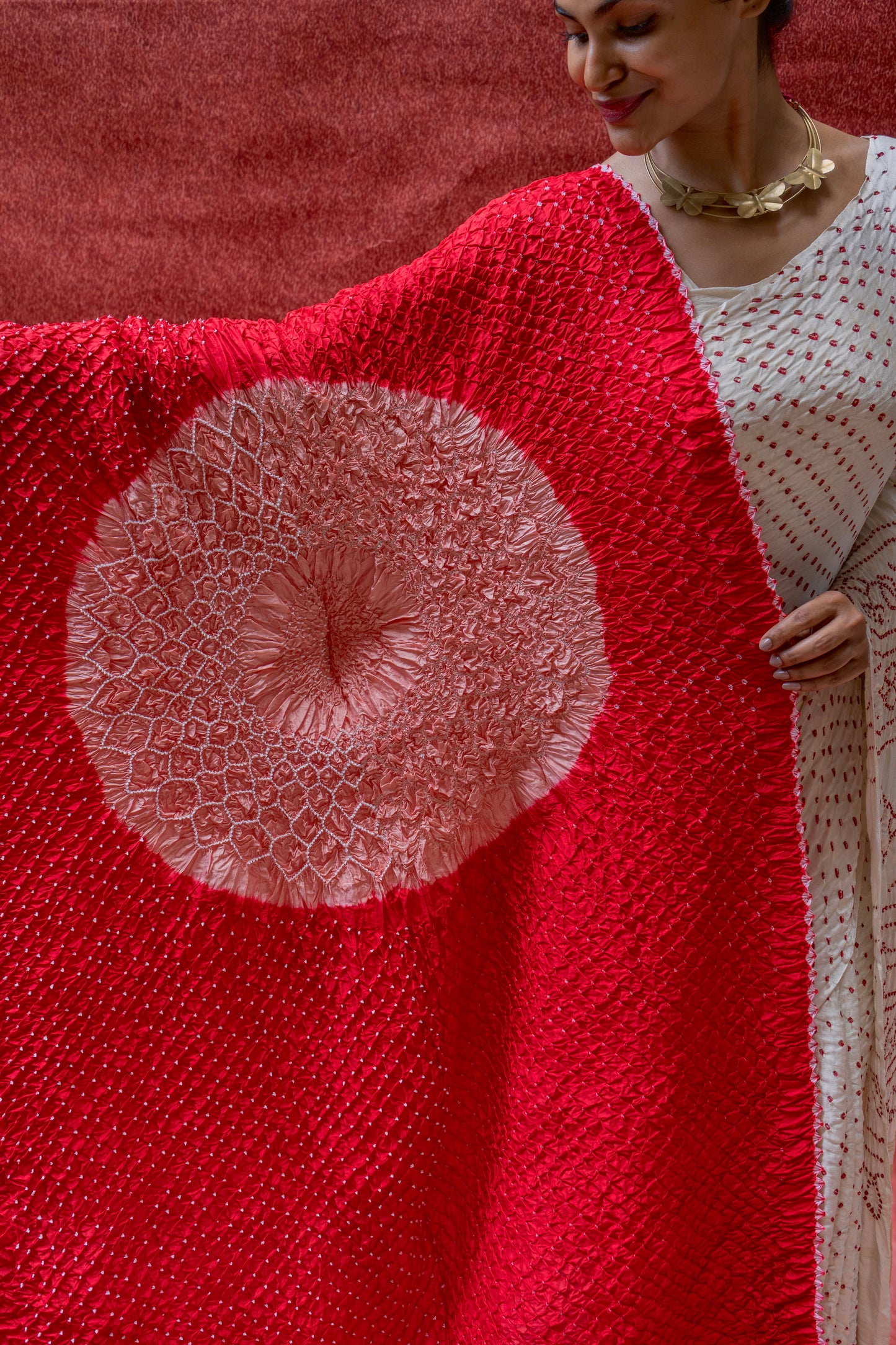 Gajji Red Rai Dana White Saree