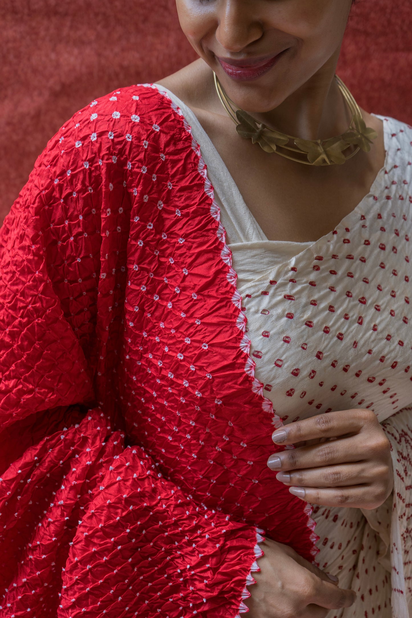 Gajji Red Rai Dana White Saree