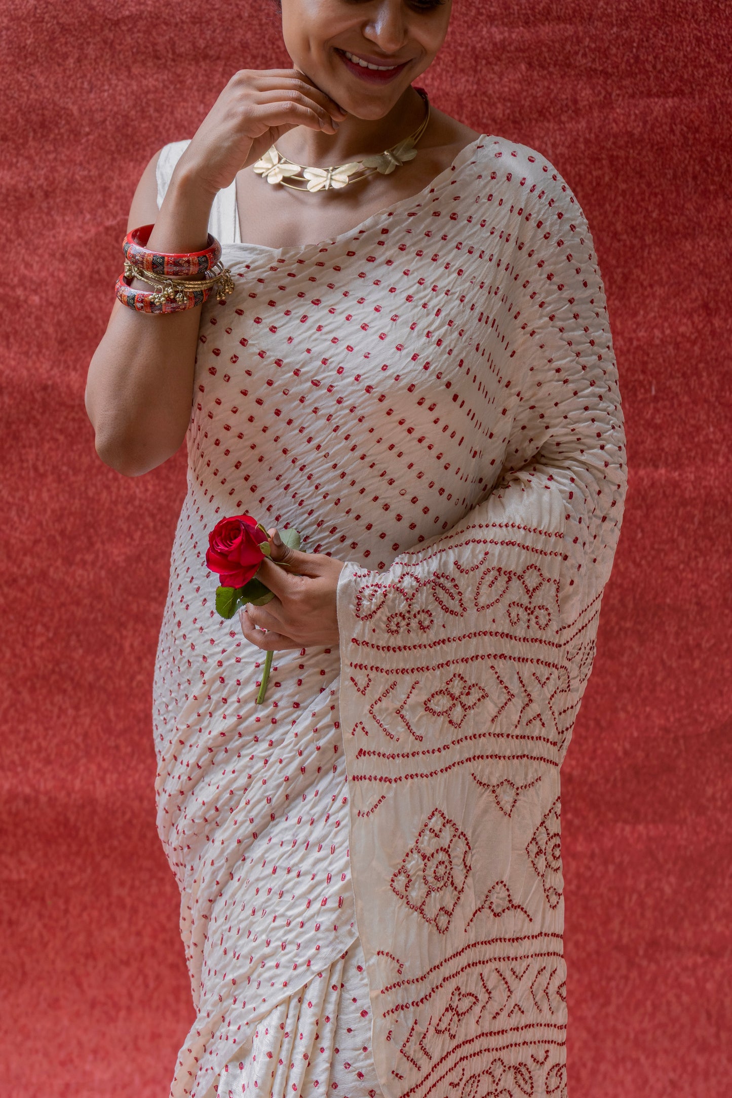 Gajji Red Rai Dana White Saree