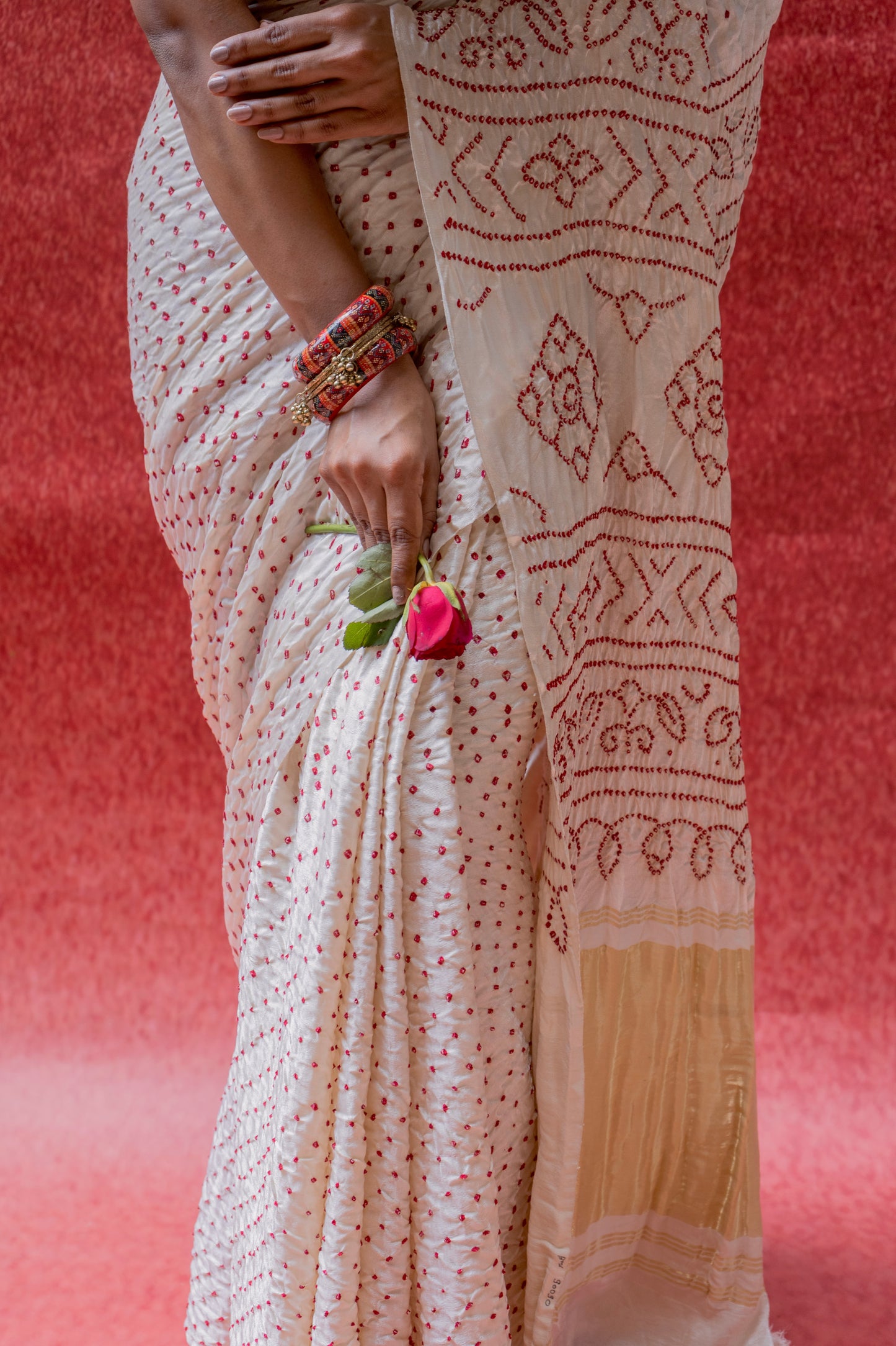 Gajji Red Rai Dana White Saree