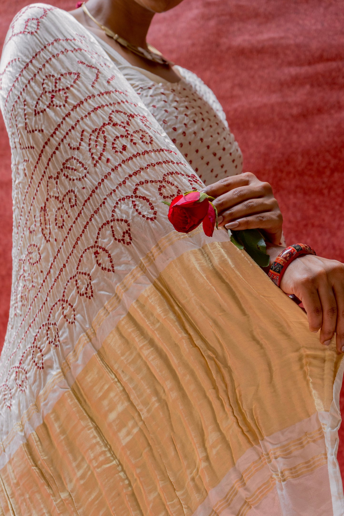 Gajji Red Rai Dana White Saree