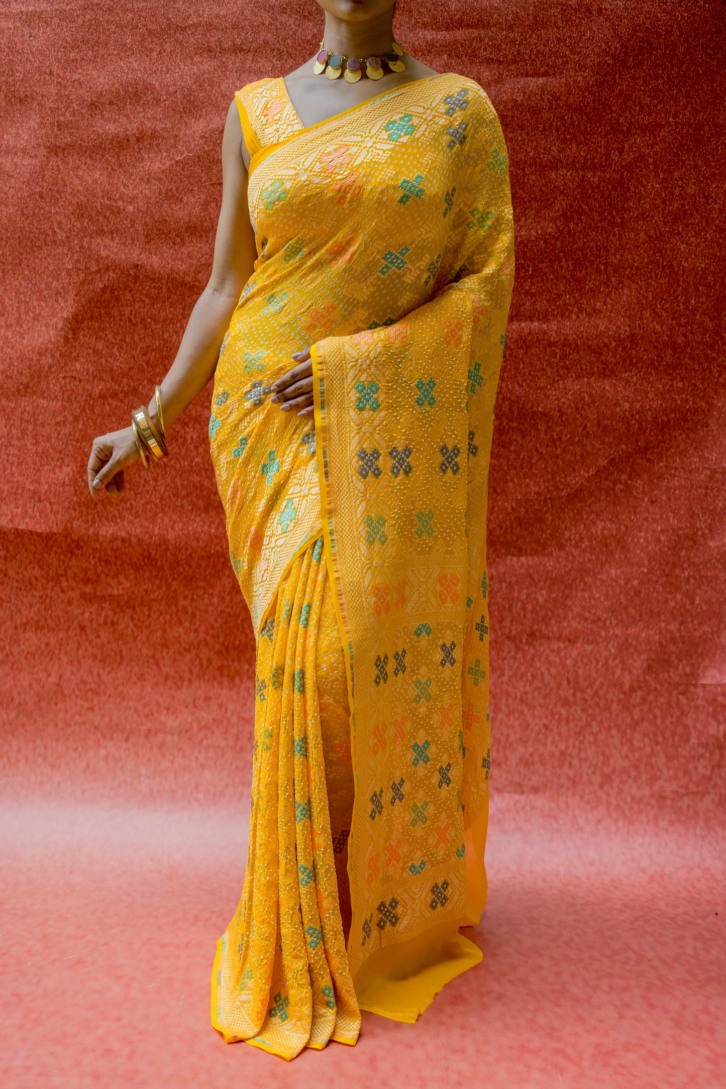 Georgette Patola Meenakari Yellow Bandhej Saree