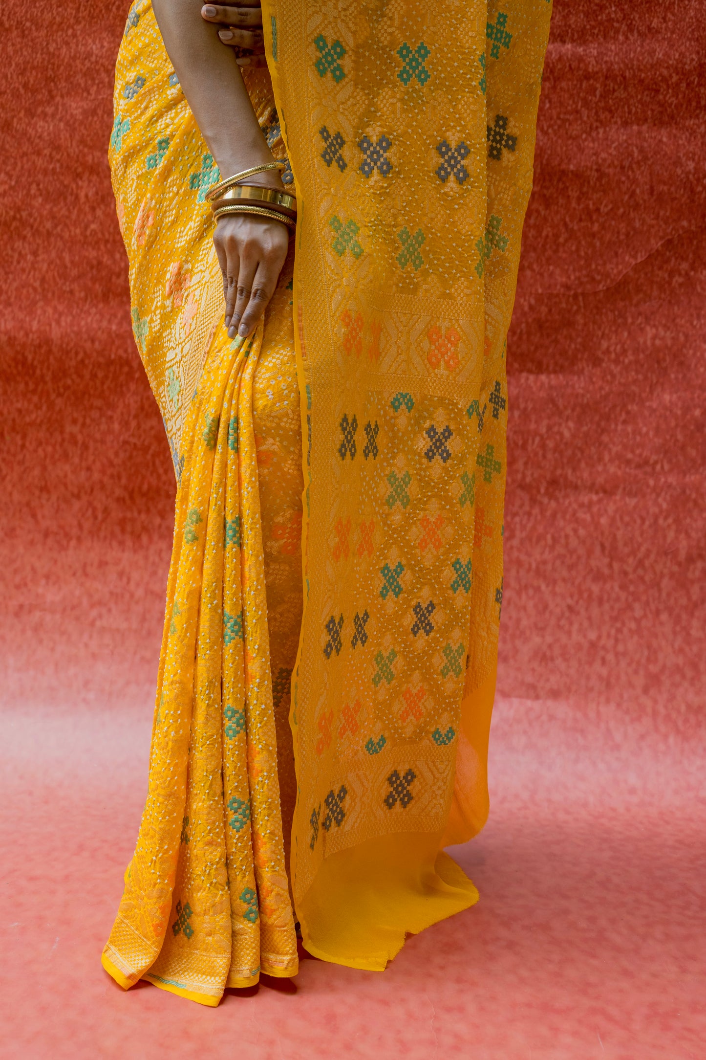 Georgette Patola Meenakari Yellow Bandhej Saree