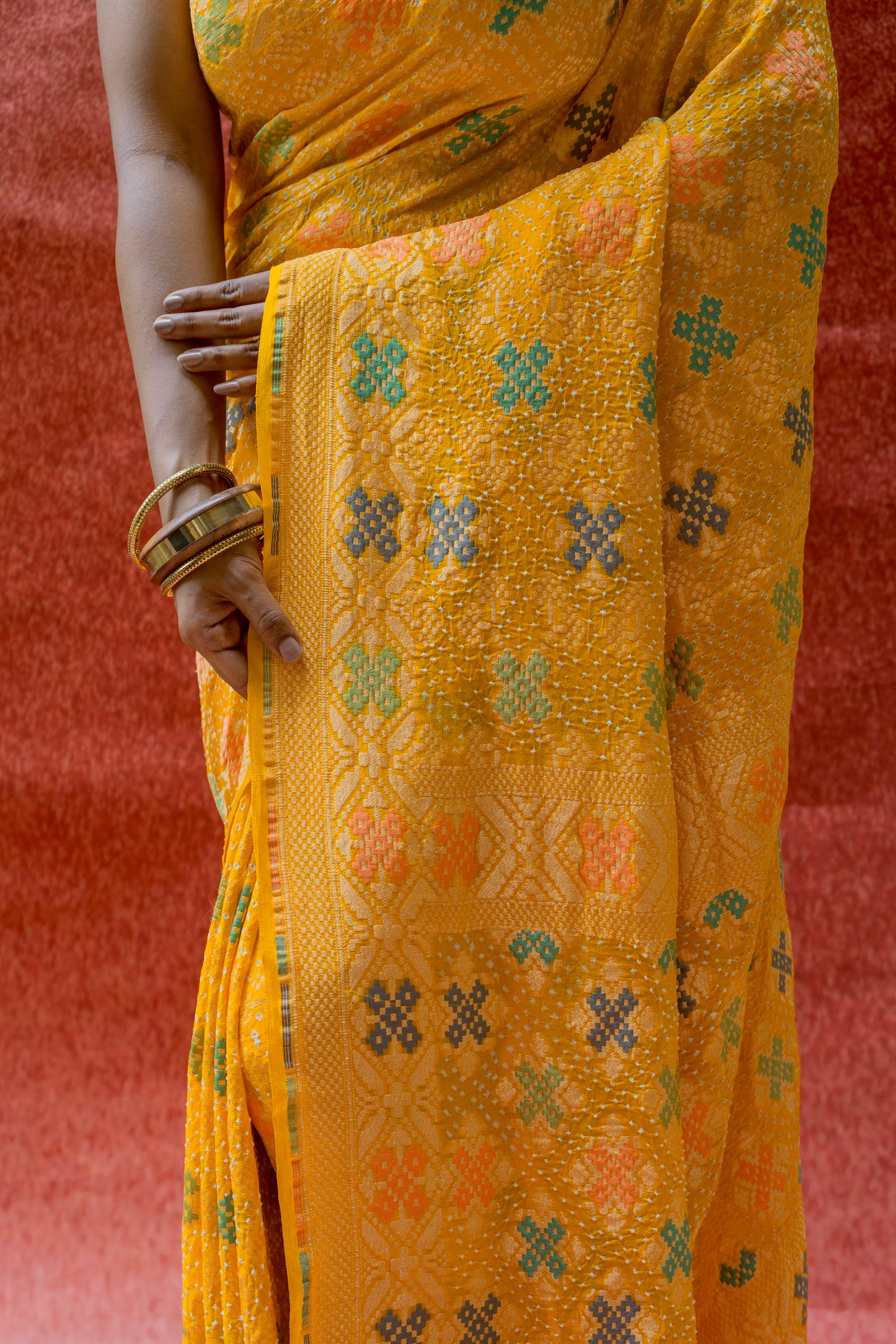 Georgette Patola Meenakari Yellow Bandhej Saree