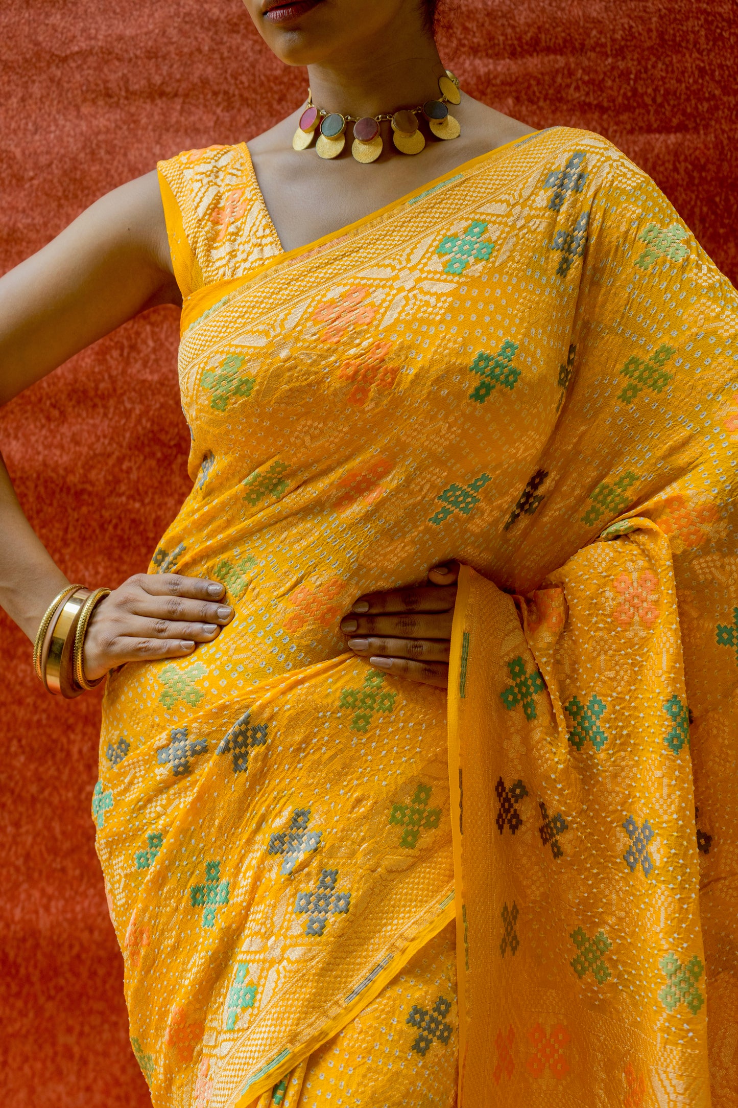 Georgette Patola Meenakari Yellow Bandhej Saree