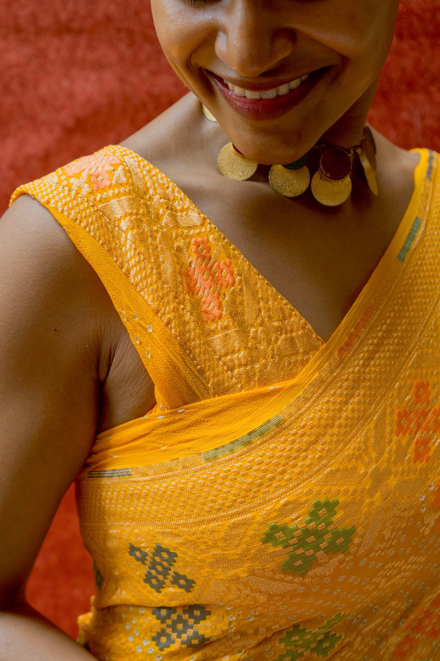Georgette Patola Meenakari Yellow Bandhej Saree