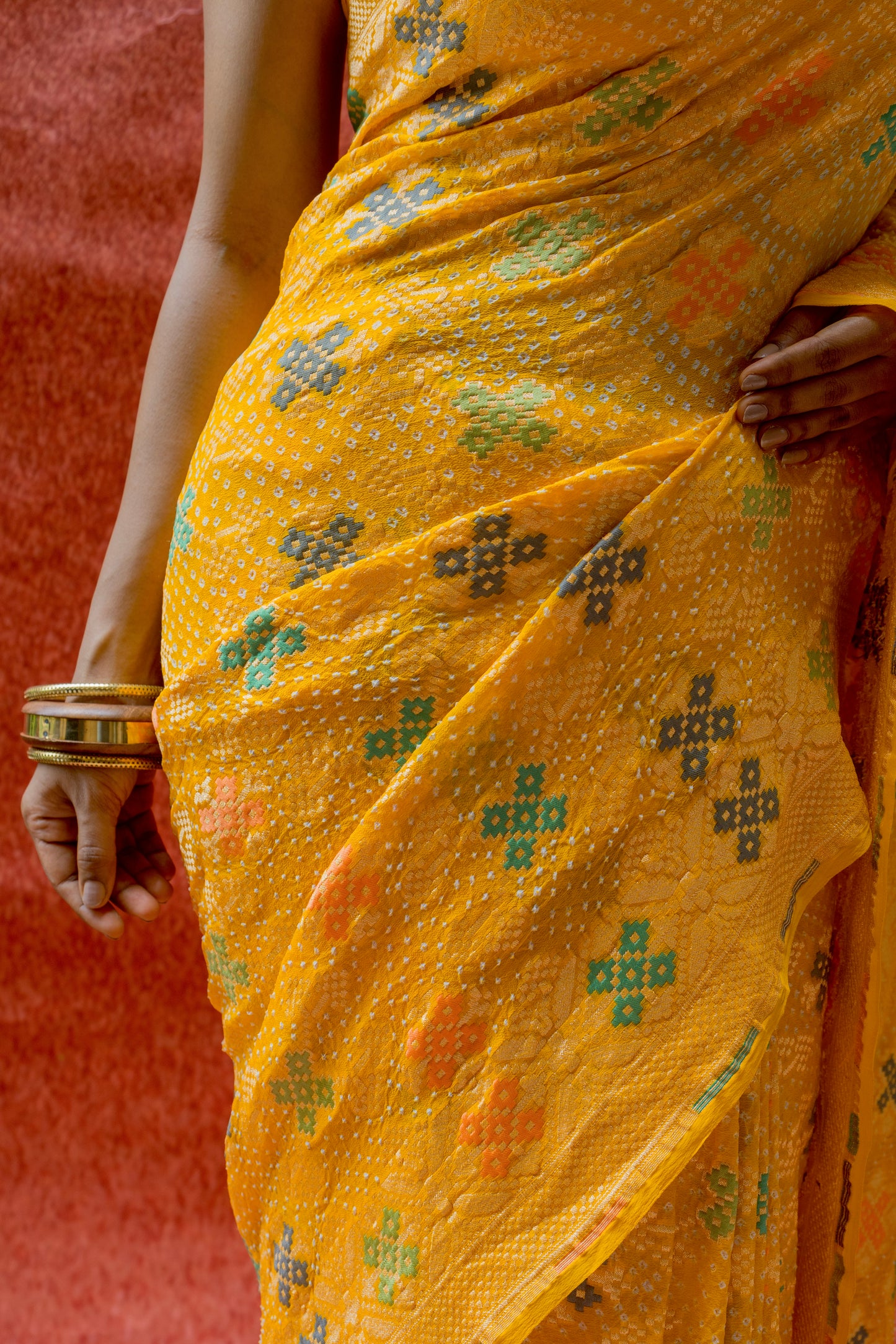 Georgette Patola Meenakari Yellow Bandhej Saree