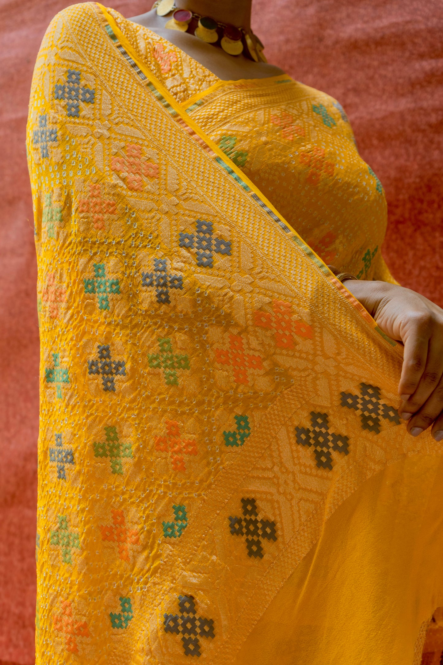 Georgette Patola Meenakari Yellow Bandhej Saree