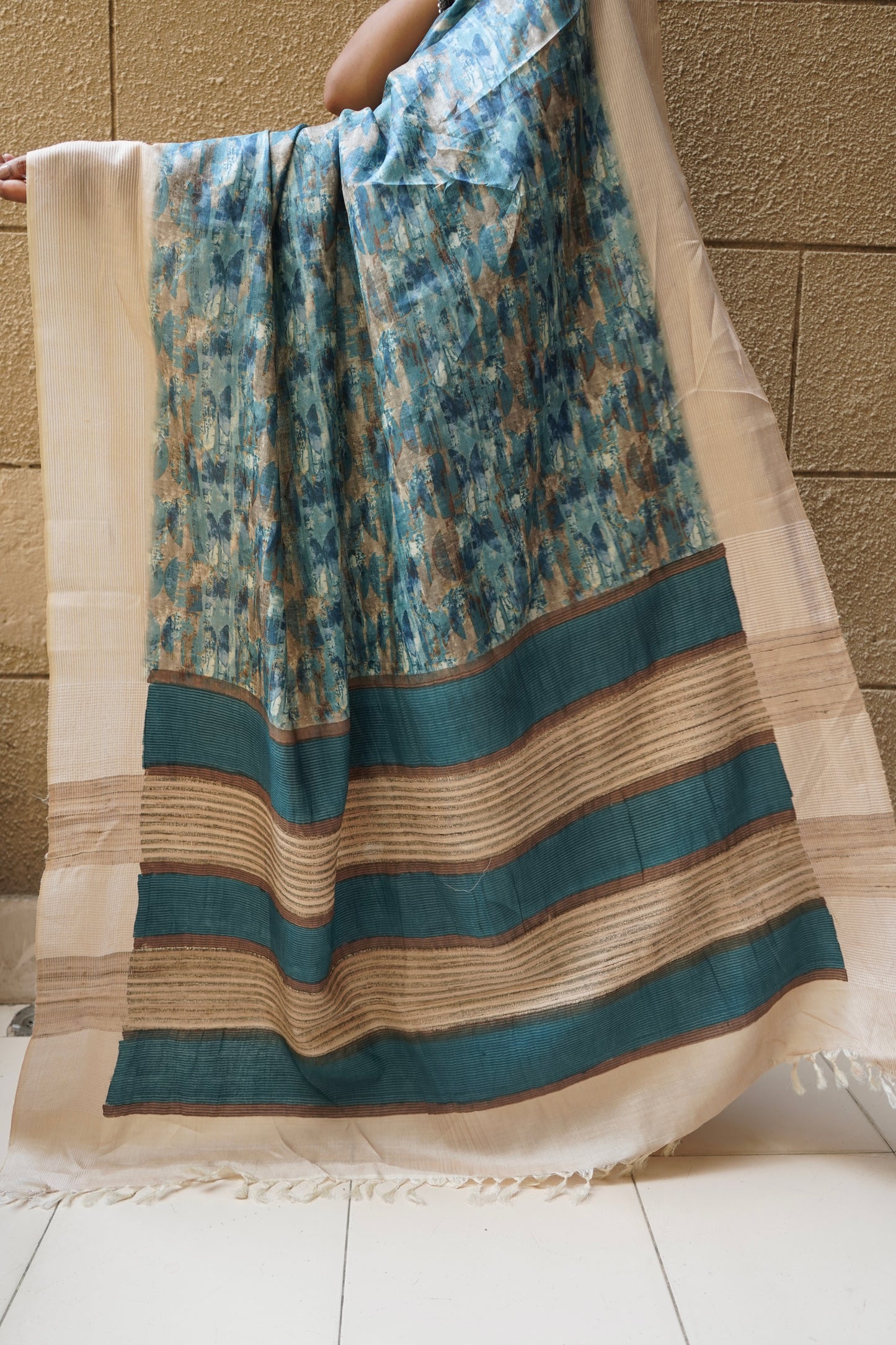 Tussar Blue Multicolor Print Embroidered Saree