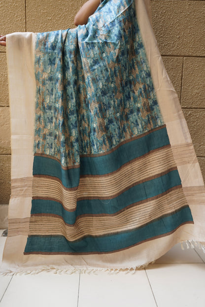 Tussar Blue Multicolor Print Embroidered Saree