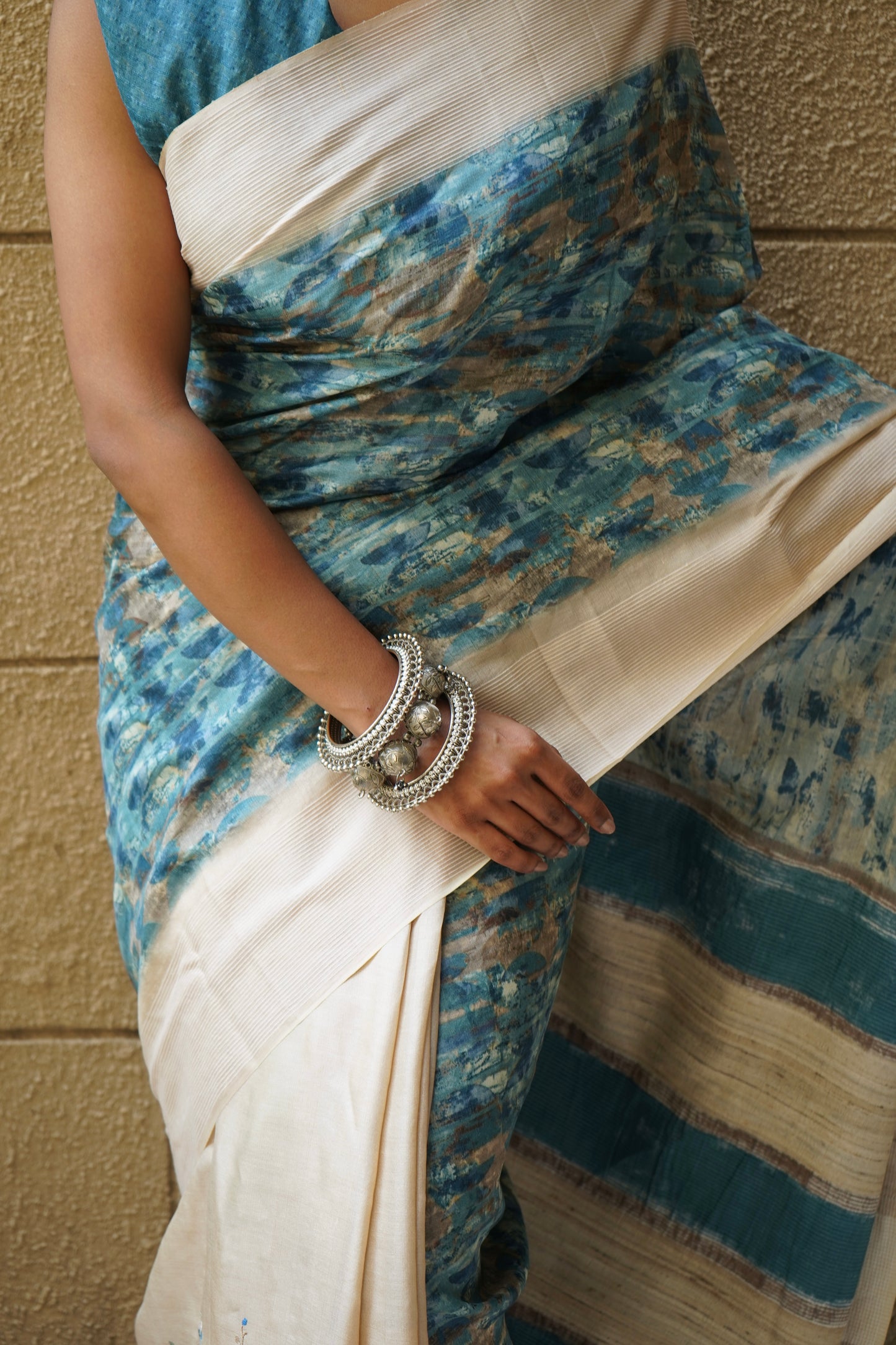 Tussar Blue Multicolor Print Embroidered Saree