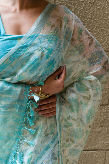 Organza Floral Printed Zari Stripes Aasmani Saree