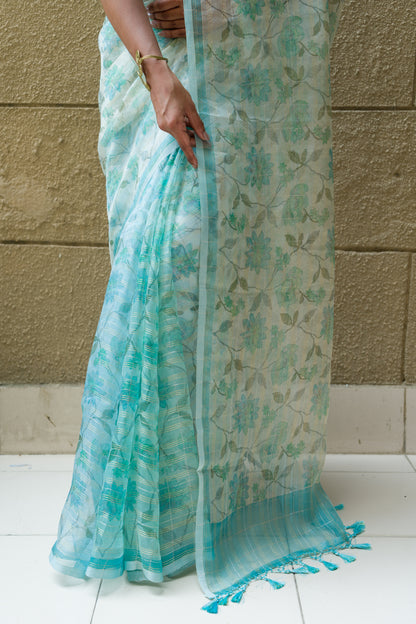 Organza Floral Printed Zari Stripes Aasmani Saree