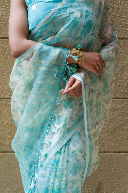 Organza Floral Printed Zari Stripes Aasmani Saree