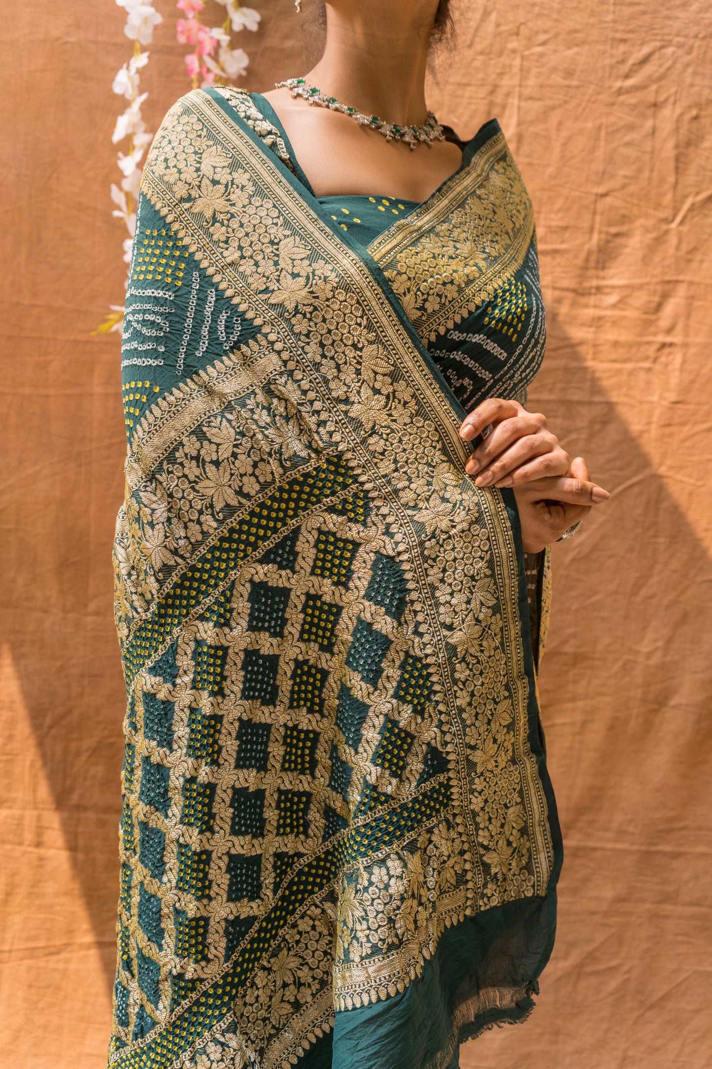 Green Shaded Bandhani with Floral Border Saree