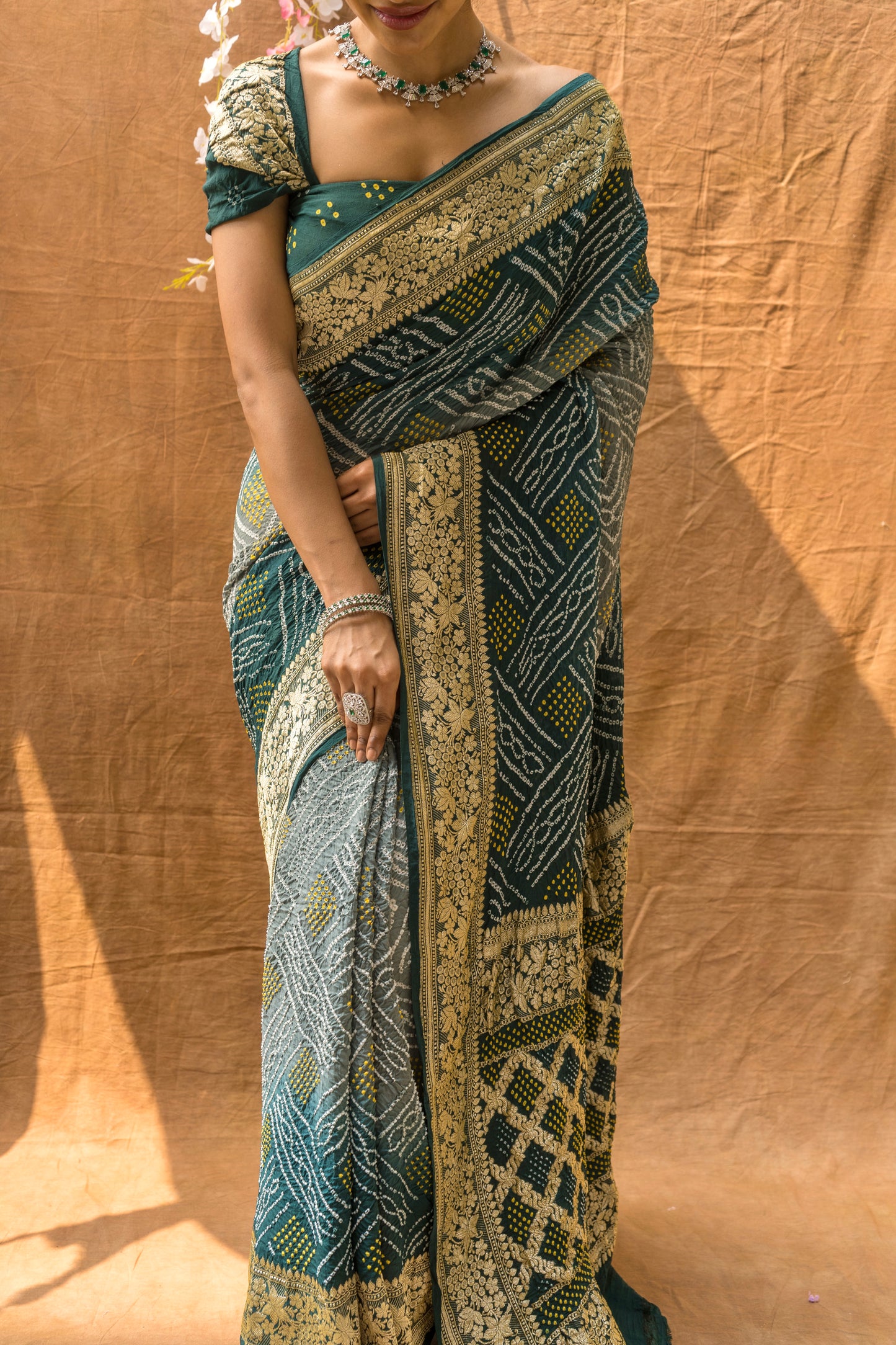 Green Shaded Bandhani with Floral Border Saree