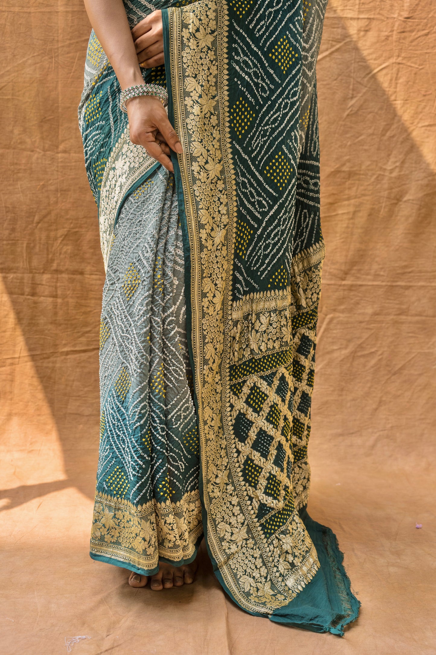 Green Shaded Bandhani with Floral Border Saree