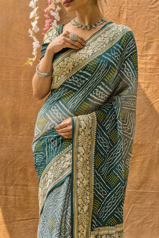 Green Shaded Bandhani with Floral Border Saree