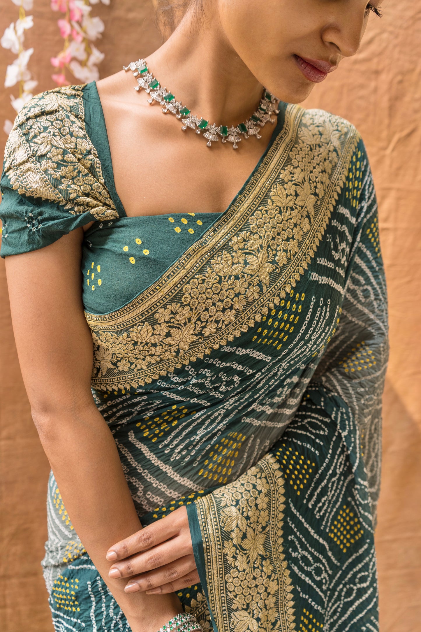 Green Shaded Bandhani with Floral Border Saree