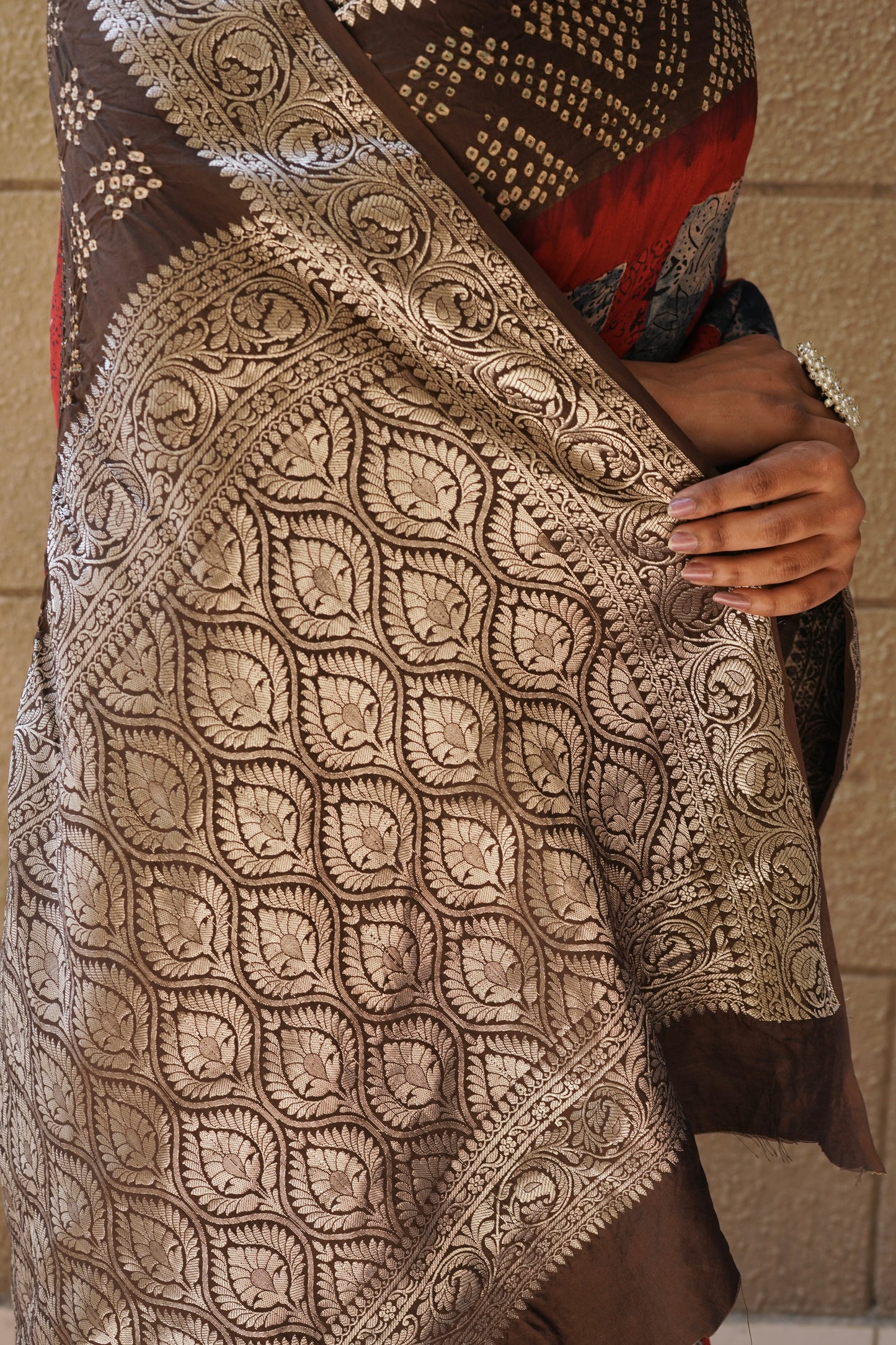 Chiniya Ajrakh Red-Blue-Brown Bandhej Saree