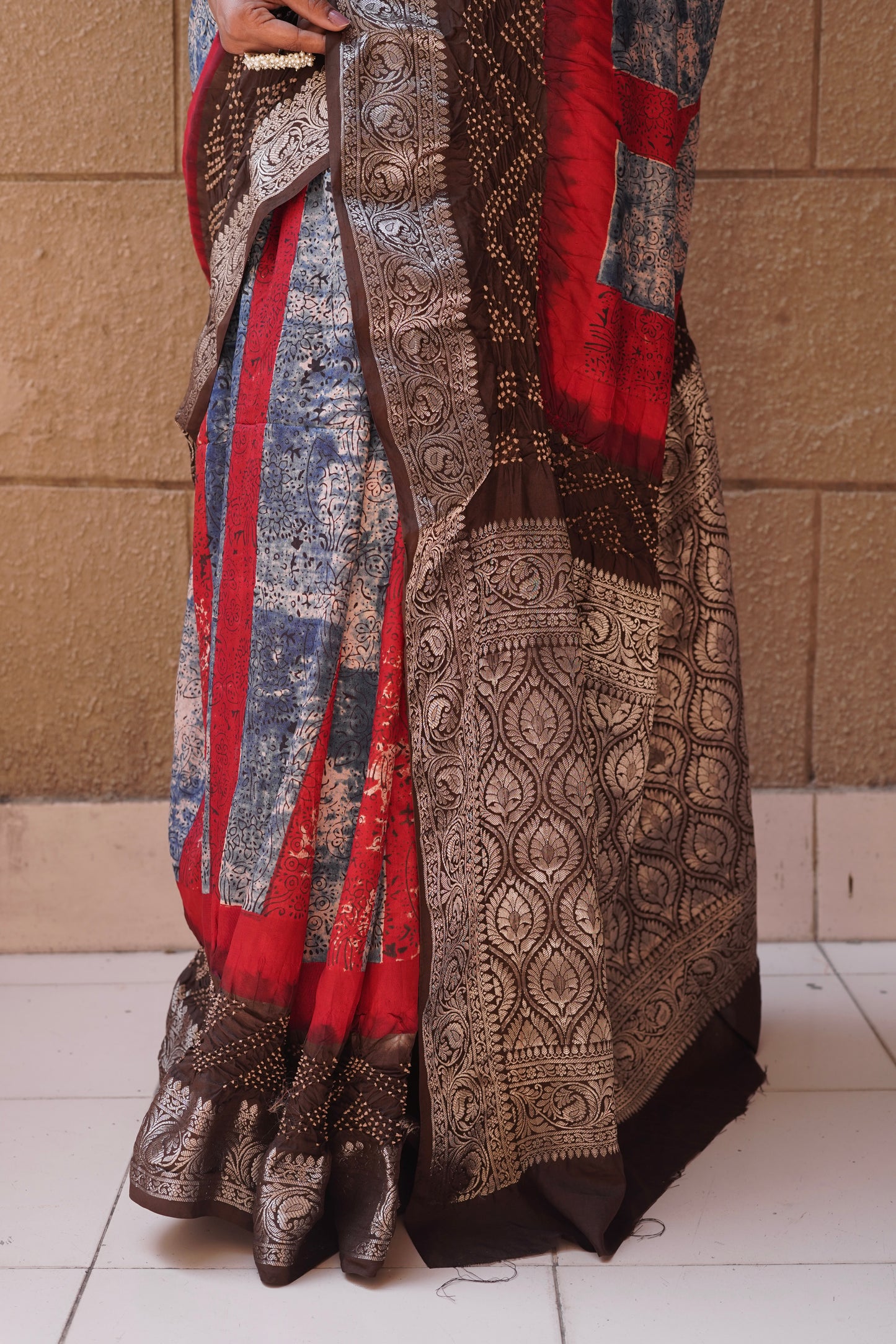 Chiniya Ajrakh Red-Blue-Brown Bandhej Saree