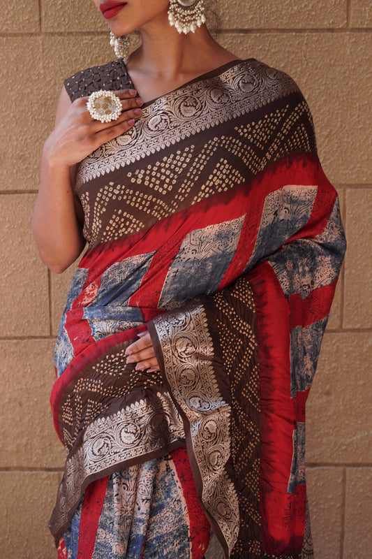 Chiniya Ajrakh Red-Blue-Brown Bandhej Saree