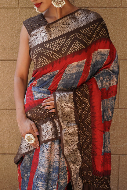 Chiniya Ajrakh Red-Blue-Brown Bandhej Saree