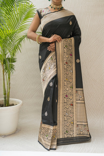 Black Katan Kadhua Sona Rupa Meenakari Saree
