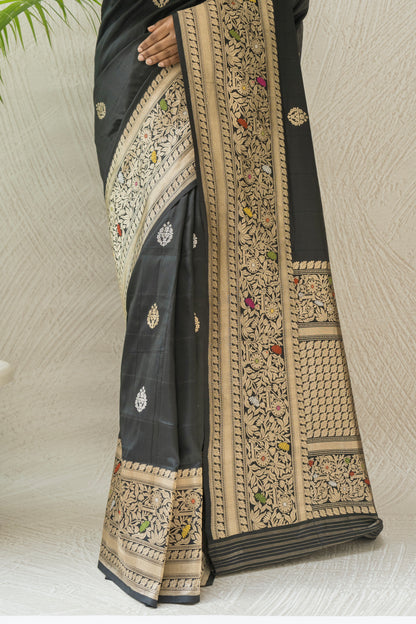 Black Katan Kadhua Sona Rupa Meenakari Saree