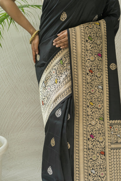 Black Katan Kadhua Sona Rupa Meenakari Saree
