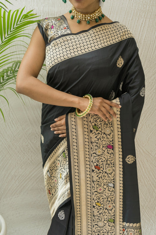 Black Katan Kadhua Sona Rupa Meenakari Saree