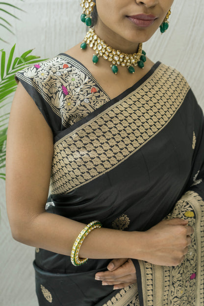Black Katan Kadhua Sona Rupa Meenakari Saree