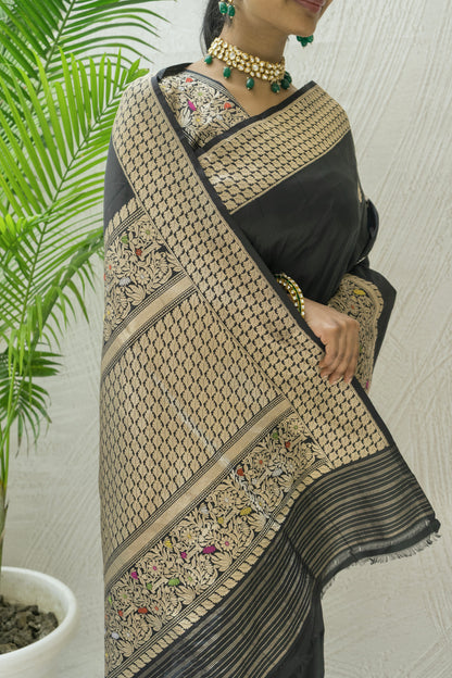 Black Katan Kadhua Sona Rupa Meenakari Saree