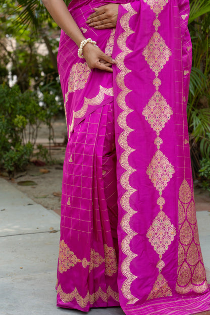 Katan Kadhua Golden Checks - Purple Saree