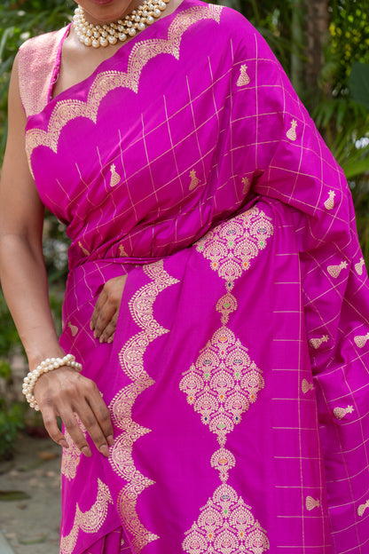 Katan Kadhua Golden Checks - Purple Saree