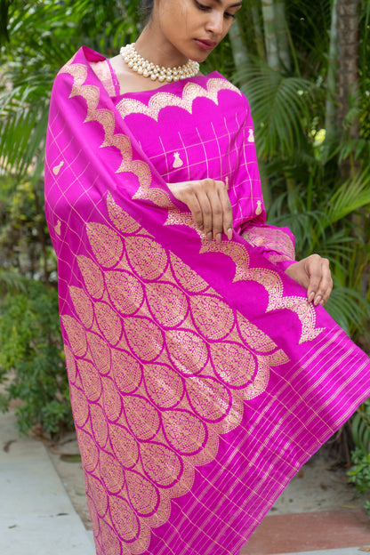 Katan Kadhua Golden Checks - Purple Saree