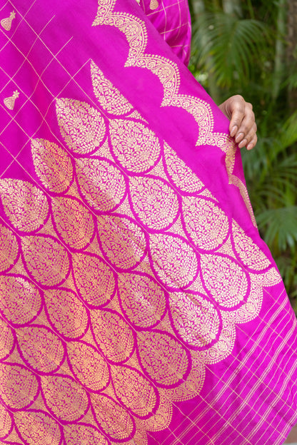 Katan Kadhua Golden Checks - Purple Saree