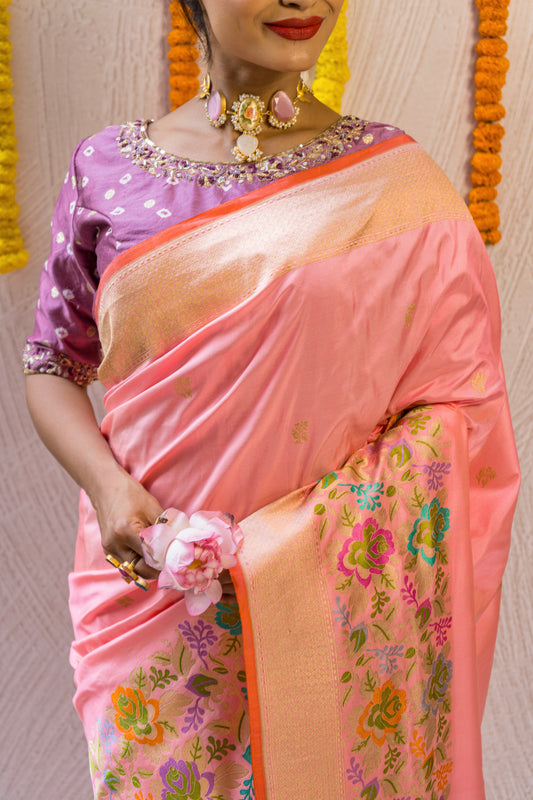 Katan Kadhua Meenakari Border Peach Saree
