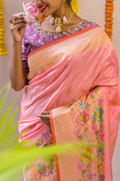 Katan Kadhua Meenakari Border Peach Saree