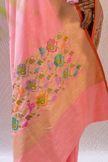 Katan Kadhua Meenakari Border Peach Saree