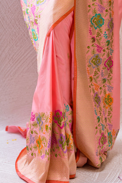 Katan Kadhua Meenakari Border Peach Saree