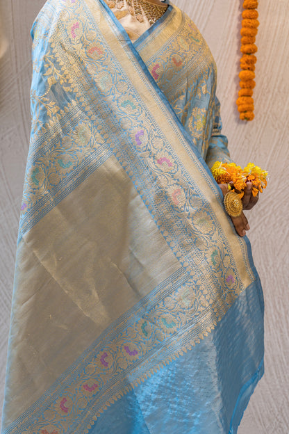 Aasmani Kadhua Jangla Silk Tissue Saree