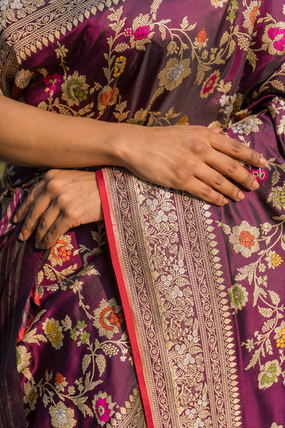 Purple Kadhua Jangla Katan Tissue Saree