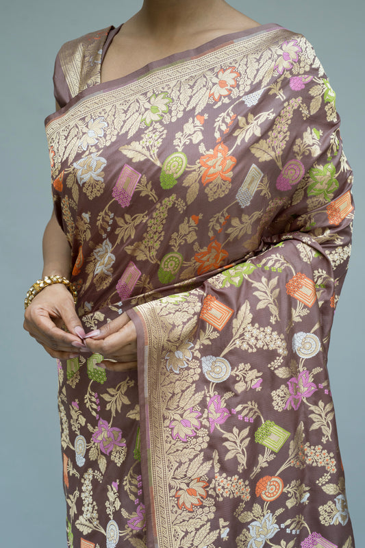 Katan Meenakari Sona Rupa Brown Saree