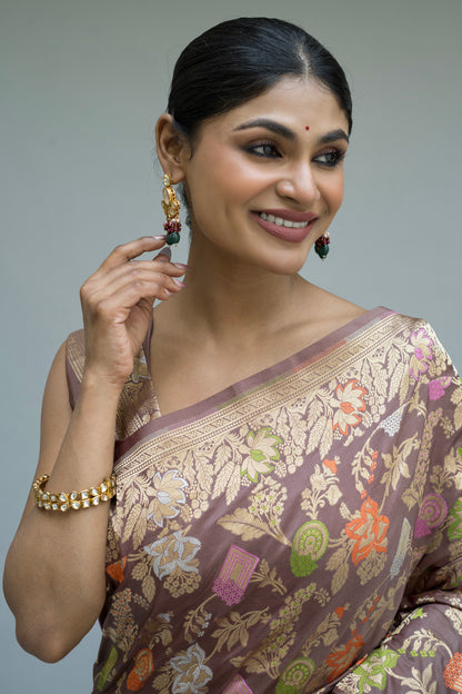 Katan Meenakari Sona Rupa Brown Saree
