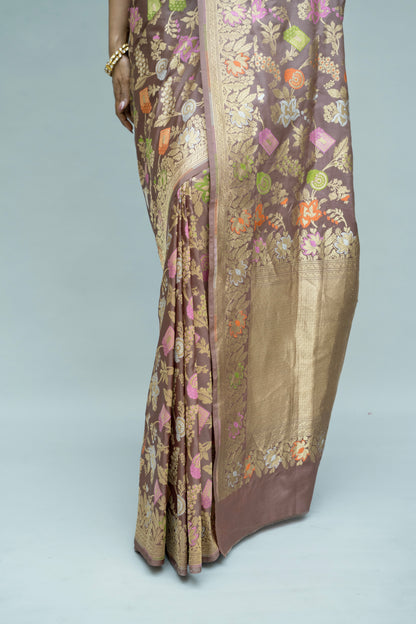 Katan Meenakari Sona Rupa Brown Saree