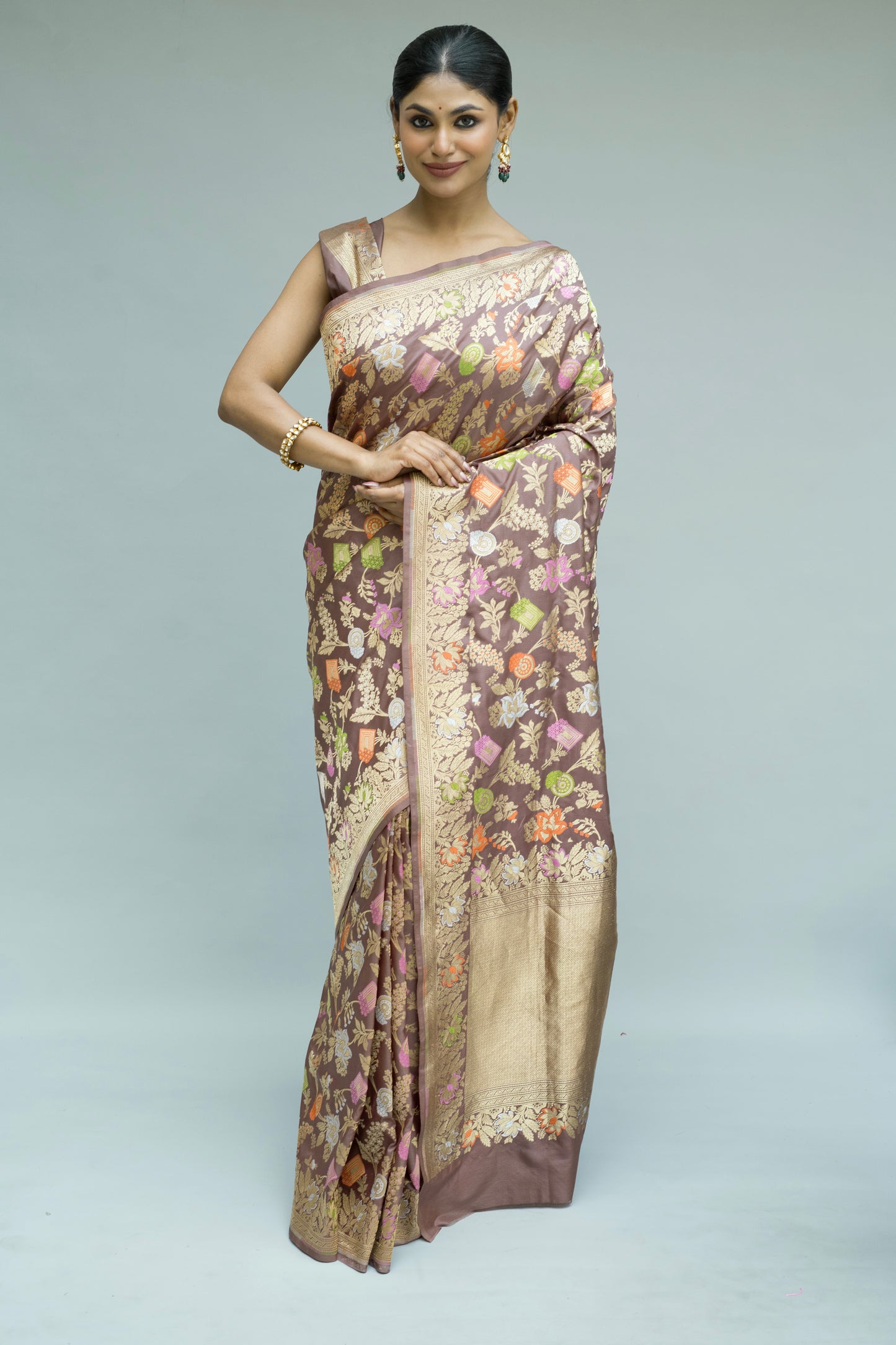 Katan Meenakari Sona Rupa Brown Saree