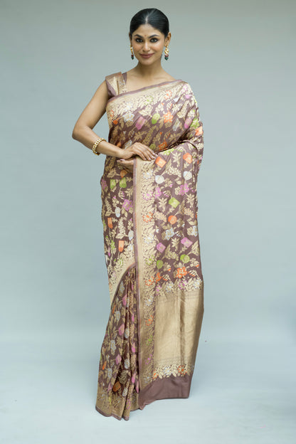Katan Meenakari Sona Rupa Brown Saree