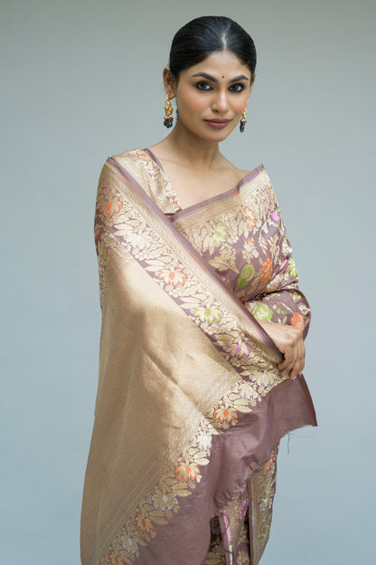 Katan Meenakari Sona Rupa Brown Saree