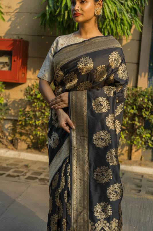 Katan Zari Booti Black Saree
